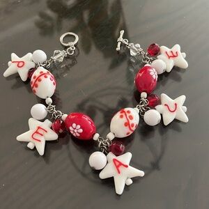 Christmas bracelet PEACE Star Art Milk Glass Flower Dangle Charm Silvertonr